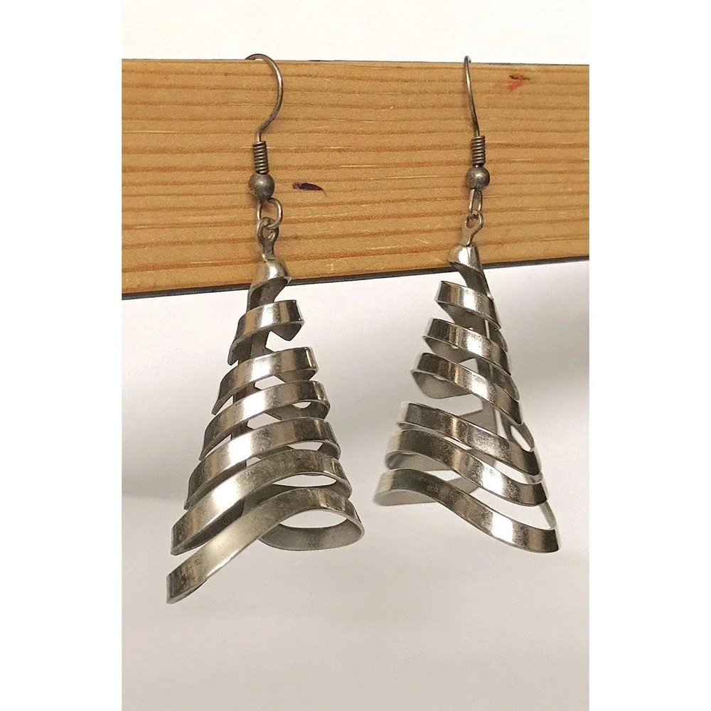 Sculptural Spiral Metal Earrings Vintage Silvertone Tree Like Dangle